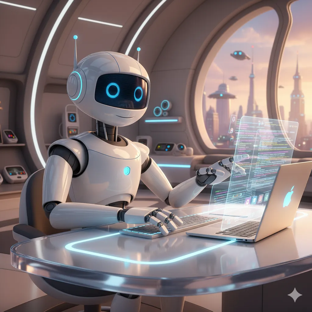Illustration of a robot coding on a laptop for the Software Development category.