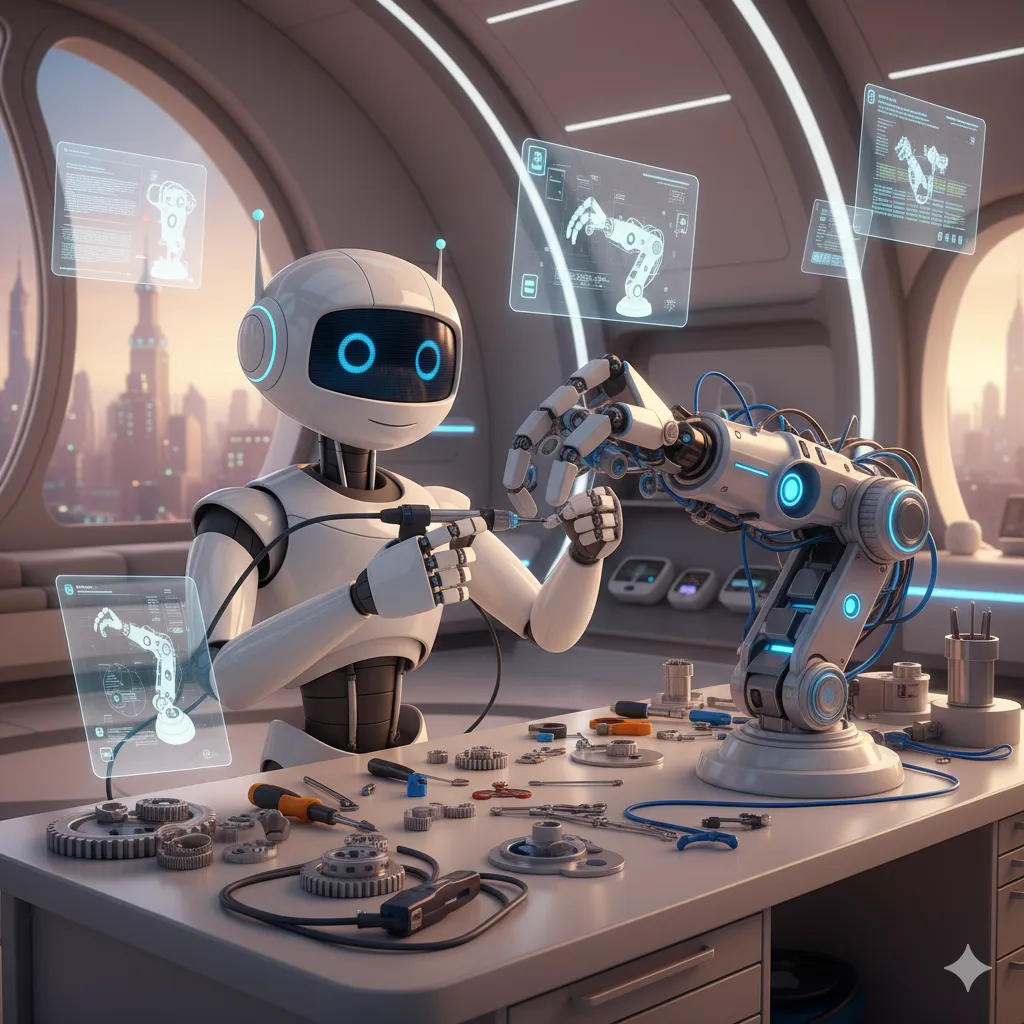 Illustration of a robot assembling a mechanical arm for the Mechatronics category.