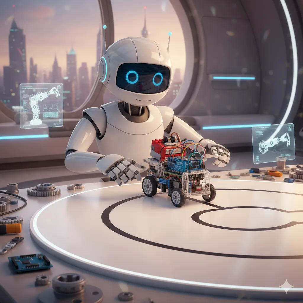 Illustration of a robot programming a line follower robot on a track.