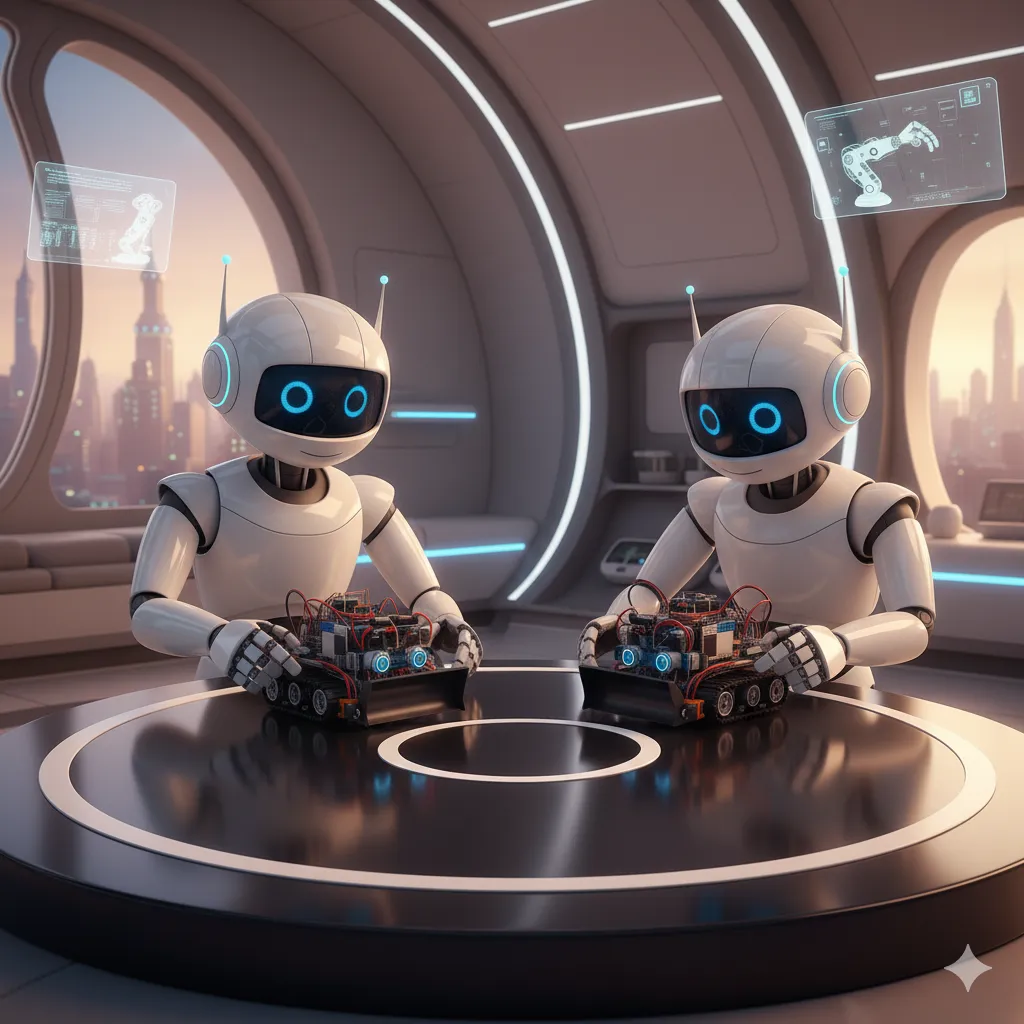 Illustration of two robots facing off with mini sumo robots on a ring.