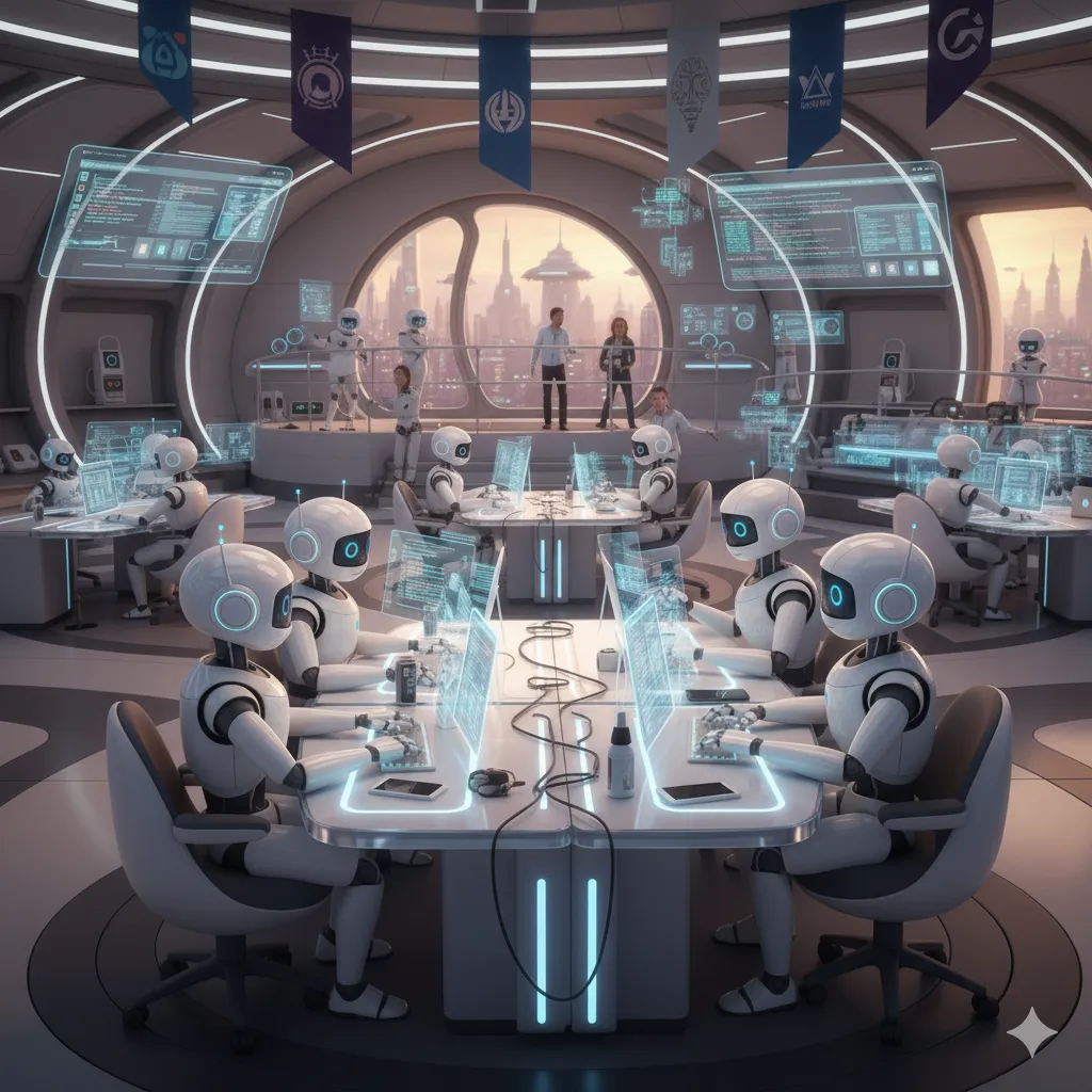 Illustration of robots collaborating at a hackathon for high schools.